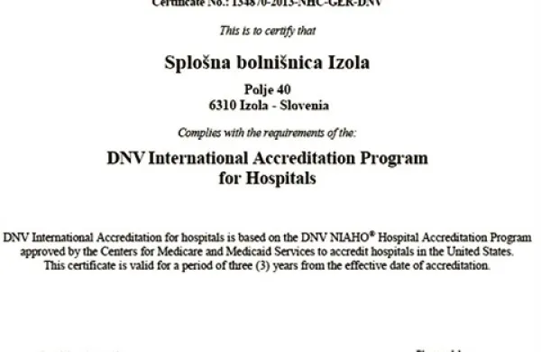 SBI se ponaša z mednarodnim certifikatom za kakovost in varnost bolnikov 