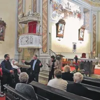 Obnovljene umetnine so  predstavili (z desne): mag. Nataša Lapajna Jazbec, Peter Černigoj,  Uroš Obleščak  in Primož Fučka