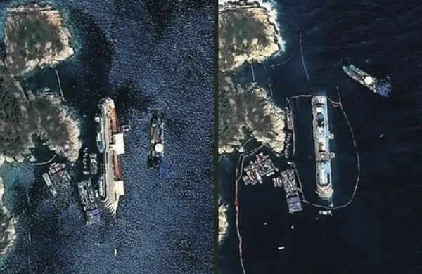 Costa Concordia na satelistskem posnetku pred in po dvigu