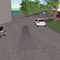 Uvoz na Sončno nabrežje, kakor bi ga uredila Kolenčeva občinska uprava. Skrajno desno lahko zapeljejo le taksisti.