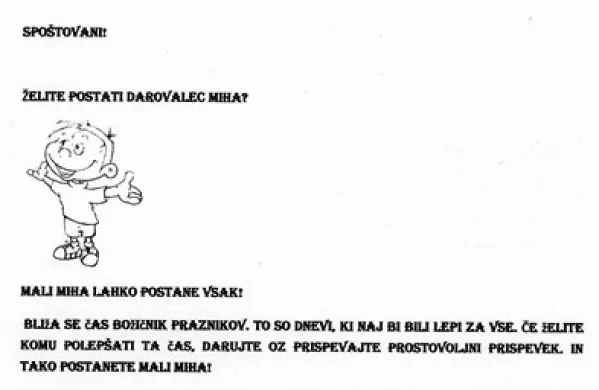 Dopis, s katerim anonimnež snubi k darovanju prispevkov