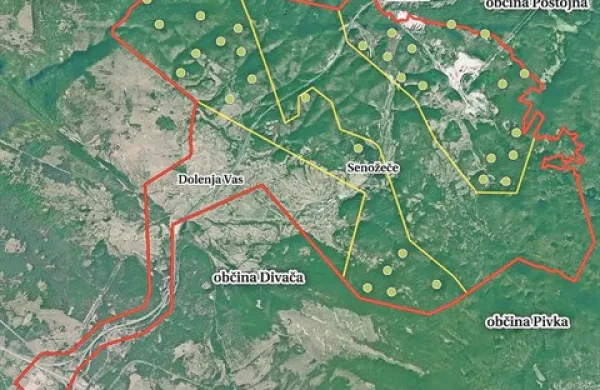 Zelene pike na zemljevidu kažejo mesta, kjer zasebni investitor iz Ljubljane načrtuje gradnjo 40 vetrnic s skupno močjo do 120 mega vatov (MW). Z rdečo pa je označeno območje, ki je predlagano za fazno gradnjo vetrnic, torej še vsaj dodatnih 30; te bi