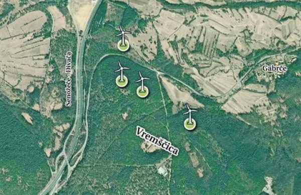  
Kje natančno naj bi stale vetrnice in koliko bi jih bilo, bodo pokazale meritve. Preverili pa bodo lokacije na Zajčici (vetrnica na vrhu zemljevida), greben desno od ceste Divača-Senožeče, ki mu domačini pravijo Gavge (srednji dve) in greben nad