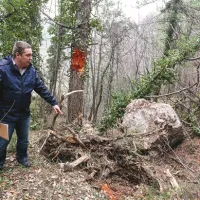 Igor Rakar kaže na skalo, ki jo je le 30 metrov nad cesto zadržalo drevo