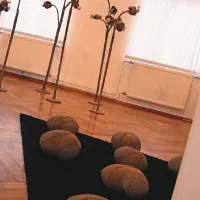 Razstava v galeriji ZDSLU: v ospredju delo Nike Šimac, v ozadju skulpture  Anje Kranjc
