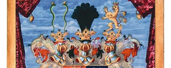 Plemiška diploma z rodbinskim grbom, s katero je bil baronski naslov podeljen  gotniški liniji Lazarinijev