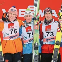 Najboljši na zadnji tekmi letošnjega svetovnega pokala (od leve) - Severin Freund, Peter Prevc in Anders Bardal