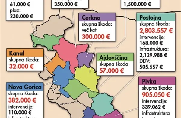  Primorske občine so zaradi žledu utrpele vsaj 7,6 milijona evrov škode; podatki za infrastrukturo se nanašajo na  tisto v občinski lasti  