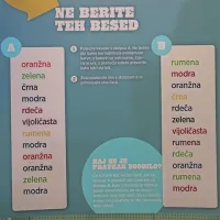 Ena od redkih razstavnih “igric”, ki ne potrebuje avdiovizualnega medija, svetlobnih učinkov in gumbov, ampak povsem dobro deluje tudi na zastarelem časopisnem papirju. Ne berite besed, temveč povejte le katere barve so. Pri desnem stolpcu je naloga