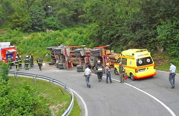 Tovornjak s hlodi zaprl cesto
