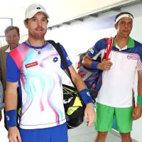Blaž Kavčič (levo) in Gilles Müller, v ozadju levo Nikola Pilić 