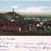 Pogled na Trnovo s cerkvijo sv. Petra, razglednico je  založil Josip Brinšek, poslana je bila leta 1907 