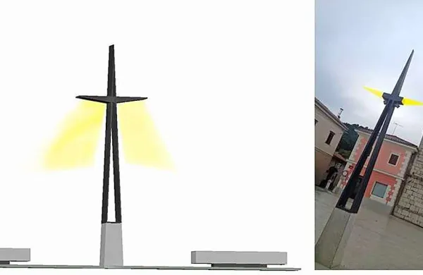 Še arhitektova zamisel prej in potem, ko so jo, bojda zaradi luči, obrezali