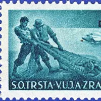 Izlov cipljev in hidroplan na morju na znamki iz leta 1949