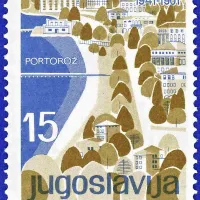 Priložnostna znamka z motivom Portoroža iz serije s  turističnimi mesti  vse Jugoslavije iz leta 1961