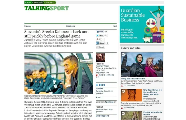 The Guardian je predstavitvi Slovenije namenil kolumno, v kateri je spomnil, da se je selektor Srečko Katanec v letu 2002 na SP v Južni Koreji sprl z Zlatkom Zahovičem, danes pa v ekipi ni dokazanega Josipa Iličića