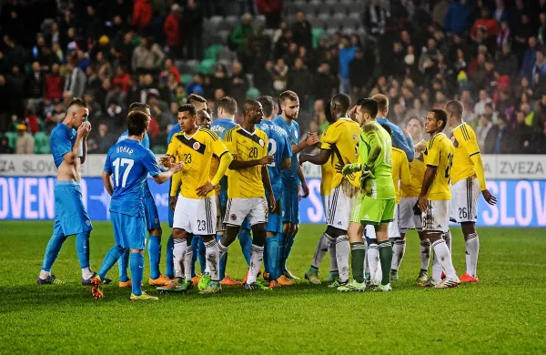 Slovenija (v modrih dresih) je tekmovalno leto 2014 končala s Kolumbijo