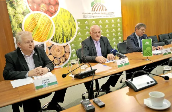 Robert Pekljaj, Cveto Zupančič in Branko Ravnik (z leve) so včeraj predstavili stališče KGZS do zakupnin in drugih težav, ki jih imajo njihovi člani pri delu sklada.
