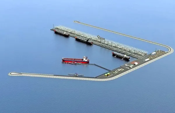 V beneški pristaniški upravi si takole predstavljajo mega kontejnerski terminal v morju 15 kilometrov pred Benetkami.