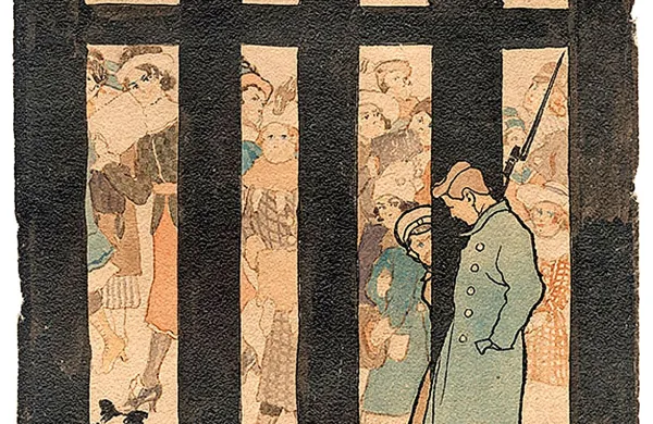 Veno Pilon: Skušnjave pred plotom, 1917, akvarel in tuš/papir