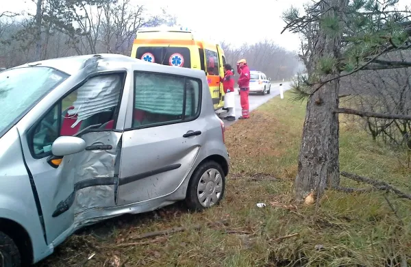 Na cesti med Sežano in Lokvijo je avto  zaneslo na travnato brežino, kjer je z bočnim delom zadel v drevo.
