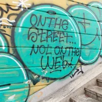 “Na ulici, ne na internetu,” sporoča  neznani grafitar. 