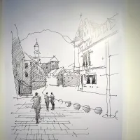 

Novejša skica središča Idrije; pogled iz 
Mestnega trga proti gradu