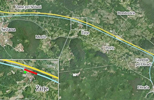 Hitra proga (modra barva) bi prišla iz Italije po predoru Volnik, ki bi se končal pri Sežani, in bi do Divače tekla južno od avtoceste 
(rumena barva). Pri Žirjah (povečava v kvadratu levo spodaj) bi se 260 metrov dolg pokriti vkop (rdeča barva) nadaljeval na levi 
in desni strani z  odprtim vkopom. Pri Gorenjah bi se proga nadaljevala ravno proti Ljubljani (kjer trasa še ni določena), navzdol 
pa bi se mimo Divače  navezala na obstoječi in drugi tir za Koper.