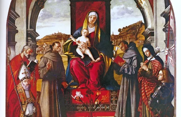 Vittore Carpaccio: Marija z otrokom in svetniki, 1518, olje, 
platno, 210x280 cm. Leta 1940 je bila slika odnešena v Italijo 
iz minoritskega samostana v Piranu, nahaja se v minoritskem 
samostanu sv. Antona v Padovi.

