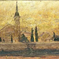 Vodstvo Pilonove galerije Ajdovščina je obiskovalcem ponosno predstavilo svojo novo pridobitev,  sliko Vena Pilona  
Cerkev v Pevmi iz leta 1913.