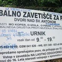 Somišljeniki Obalnega društva proti mučenju živali so 
počečkali tablo ob vstopu v Obalno zavetišče in nanjo prelili  
svoje komentarje. 