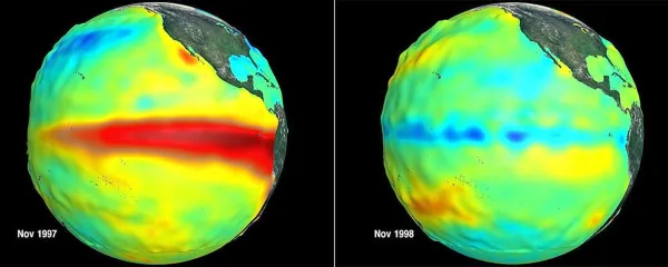 Razlike v temperaturi površinskih voda Tihega oceana med 
letoma z izrazitima pojavoma El Niño (levo) in La Niña 
(desno).