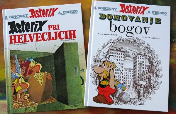 V sveže poslovenjenih  zvezkih se Asterix in Obelix znajdeta v deželi bank in sira ter se spet upreta 
Rimu. 