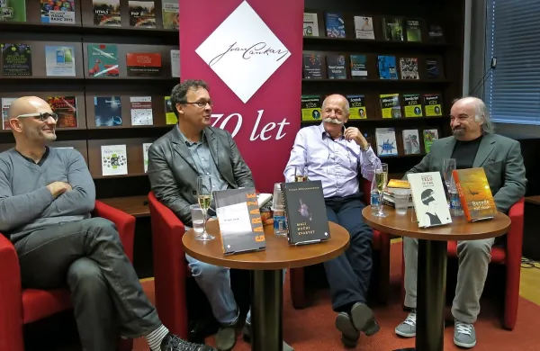 Nove knjige so predstavili (z leve) Urban Vovk, Andrej Blatnik, Milan Dekleva in Evald Flisar.