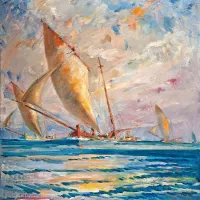 Albert Sirk: Jadrnice se vračajo z ulova v jutru, 1935; olje na 
platnu, zasebna last

 