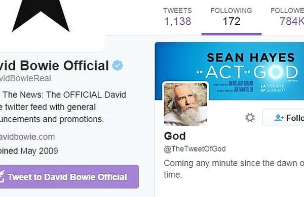 Zadnji uporabnik, ki ga je David Bowie pred smrtjo začel 
spremljati na twitterju, je bil “Bog”.