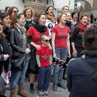 Združene v zboru Kombinat prepevajo pesmi upora z vsega sveta in se odzivajo na sodobne družbene probleme. 