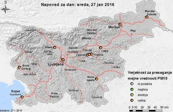 V Kopru in Novi Gorici je največja verjetnost preseganja 
mejne vrednosti za delce PM10 na Primorskem. 
