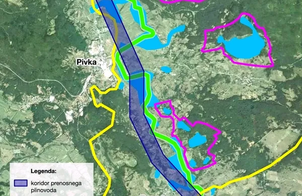 Modra črta je trasa plinovoda, kot jo je zarisala država. V Pivki 
predlagajo, da se premakne na vzhod in se tako izogne 
krajinskemu parku (znotraj rumene črte) in poplavnim območjem (modra območja) 