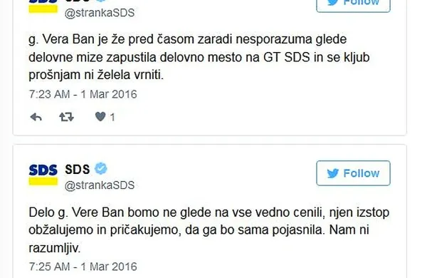 Danes zjutraj je stranka SDS prek twitterja sporočila, kaj naj bi 
bil glavni razlog za izstop Vesne Ban iz stranke SDS.  