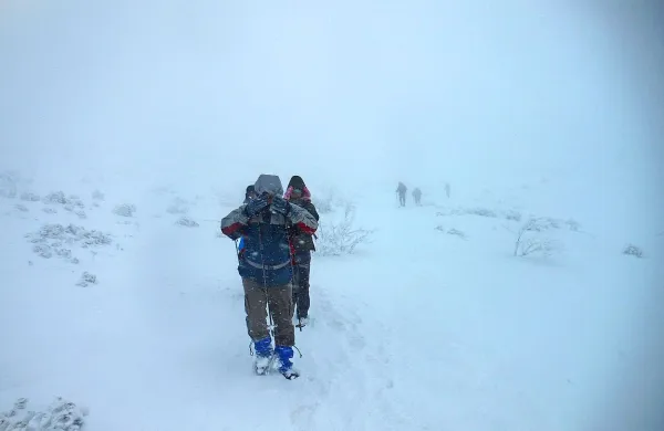 Šesterica istrskih planincev deset minut po sestopu z vrha 
Snežnika, tik za tem, ko so storili napako in namesto proti 
Sviščakom zavili proti Grčovcu.