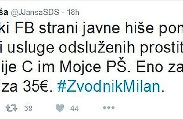 Zgornjo vsebino je Janez Janša tvitnil po tistem, ko je 
novinarka Televizije Slovenija Eugenija Carl v ponedeljek 
poročala, da so se med člani facebook strani Legija smrti 
znašli tudi vidni člani SDS, ki pa so zanikali, da bi se v skupino 
pridružili sami.