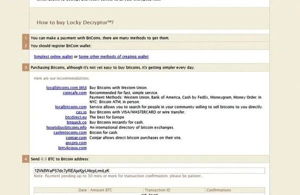 Virus Locky zahteva 4,1 bitcoina, kar preračunano v evre 
znaša 1500 evrov.