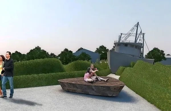 Simulacija   tematskega  parka v Simonovem zalivu z Biserom 
in  manjšim   prireditvenim   prostorom. Terasasta okolica ponazarja  valovanje morja.    