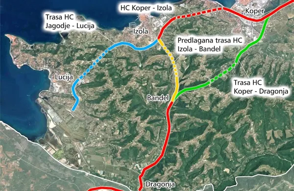  Dvojec Jakomin-Zajec bi tranzitni promet speljal po rdeče-rumeni progi: prek hitre ceste do Izole, 
novonačrtovanega odseka do Bandela in po zadnjem delu trase, predvidene do Dragonje. 