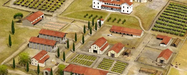 Obmorska vila je bila najbrž videti takole. Bivalni del v ozadju je obsegal  
3000 kvadratnih metrov.  