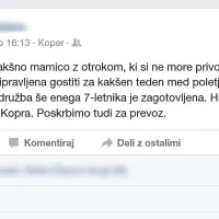 Preprost poziv, ki ga je Koprčanka objavila na svojem 
facebook profilu, je samo v nekaj urah delilo 370 uporabnikov.