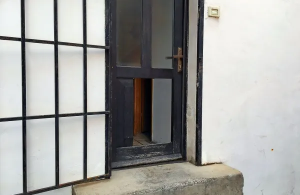 Razbil je spodnji del zadnjih vhodnih vrat in vstopil.
