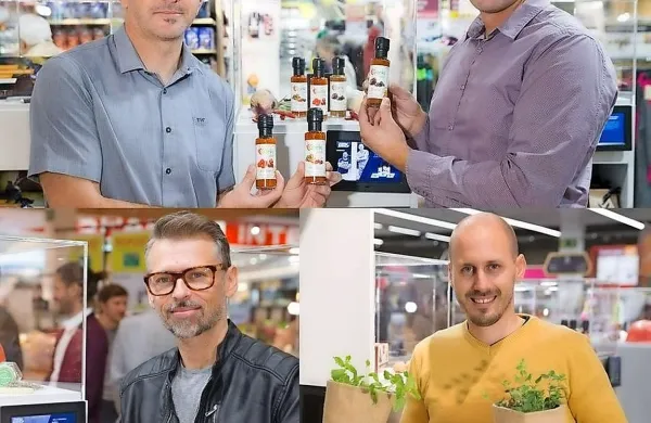 Podjetni Koprčani s svojimi izdelki: zgoraj Igor Tavčar in Rok 
Iglar (Gorki chili), spodaj levo Davor Podbevšek (Barba sol), 
desno Anej Sirk (Urban Planty). 