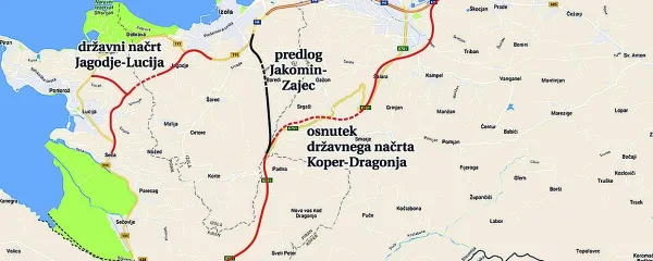 Država je v slovenski Istri predvidela dve hitri cesti: prva je 
Koper-Dragonja za tranzitni promet do hrvaške Istre, druga 
pa Jagodje-Lucija za lokalni promet. Predlog Jakomin-Zajec 
pa predvideva le eno hitro cesto, ki bi izhajala iz obstoječe 
trase.